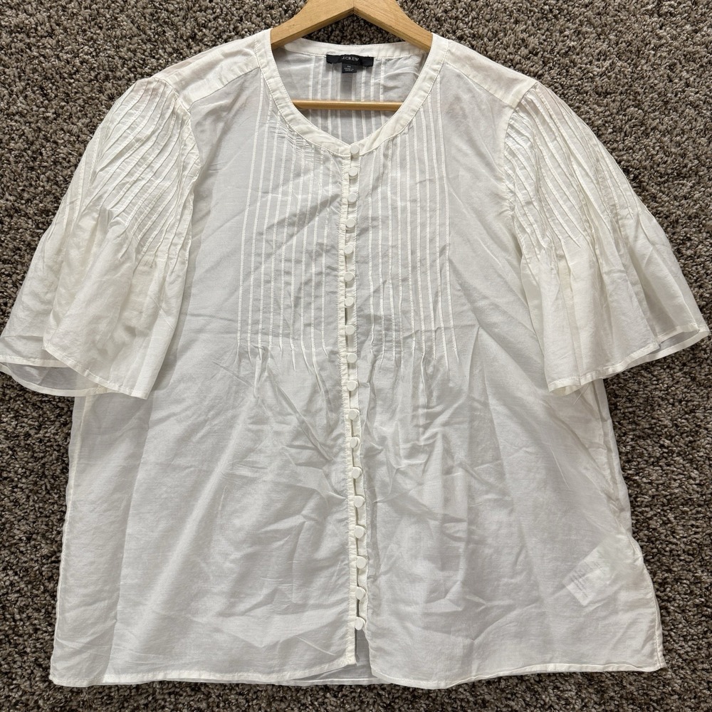 J. Crew White / Ivory Pintuck Blouse Cotton Silk Button Front Puff Sleeve Boho M - Picture 2 of 11